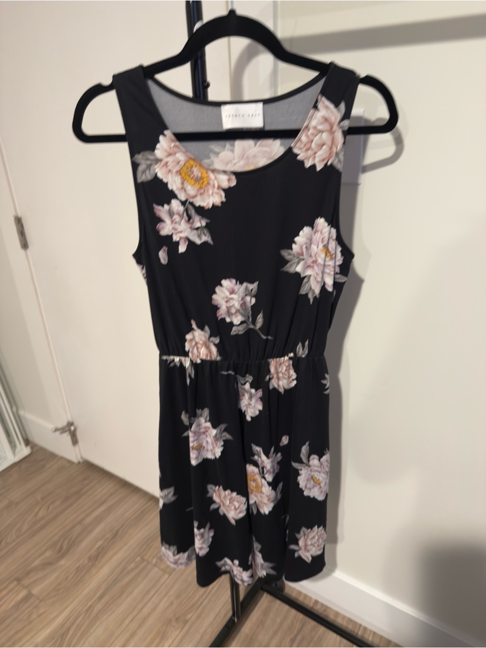 French Grey Black Sleeveless Dress with Pink Floral Print